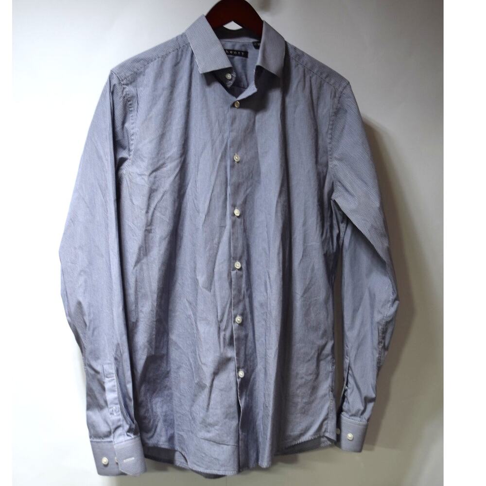 Theory Button Down Shirt Mens 15.5 Blue Micro Check Dress Shirt Long Sleeve